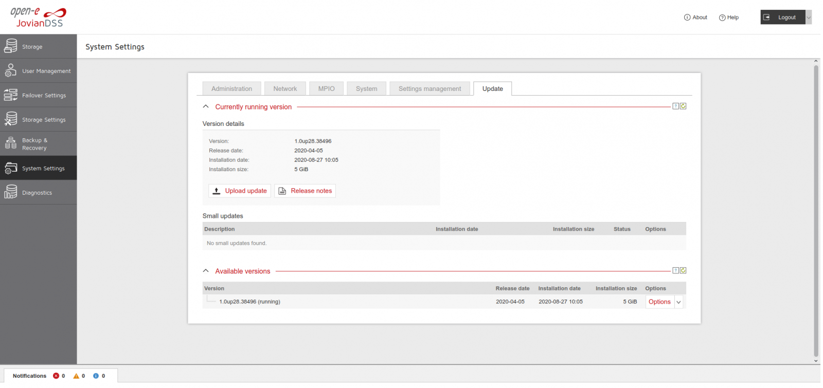 System Settings > Update before the upload, No small updates found
