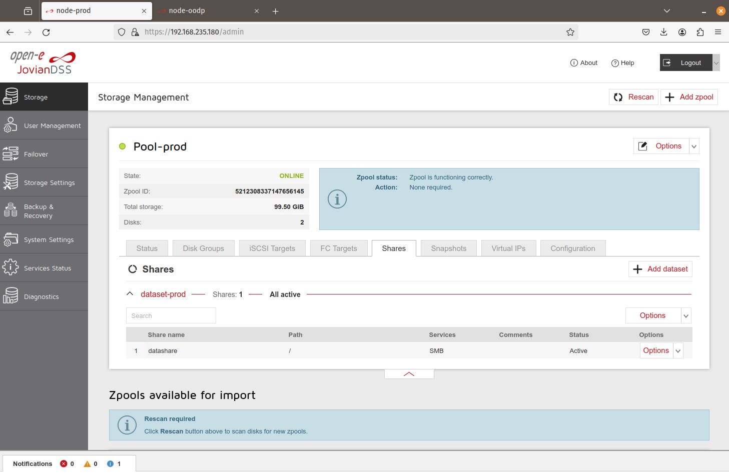 node-prod: Pool-prod, dataset-prod, SMB share datashare