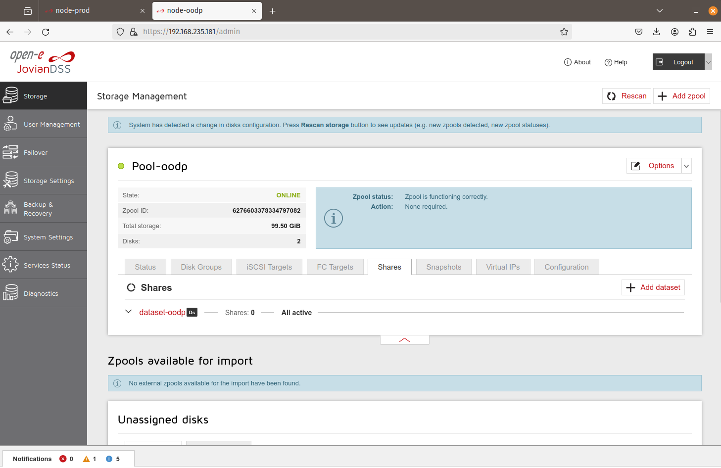 node-oodp: Shares tab, dataset-oodp carrying the Ds badge
