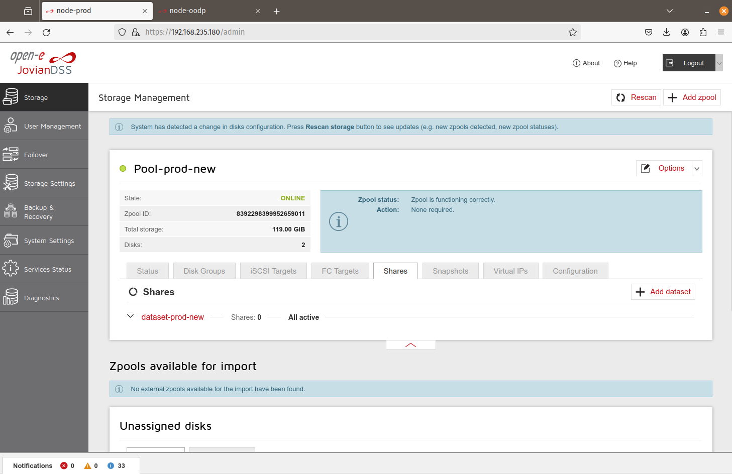 node-prod: the new Pool-prod-new, dataset-prod-new, Shares: 0