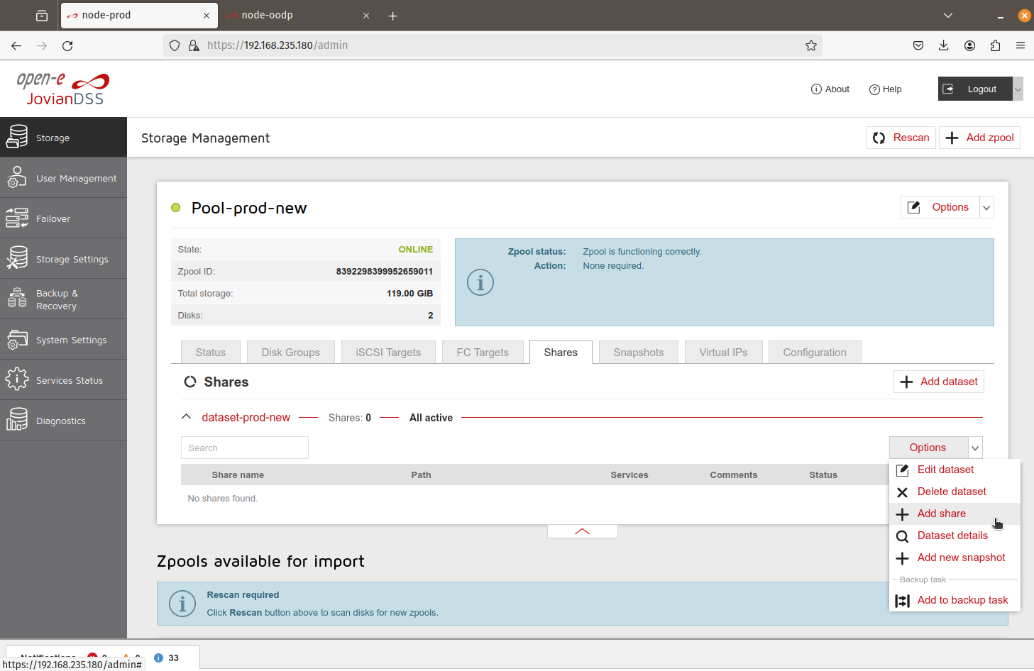 node-prod: data recovered, share added
